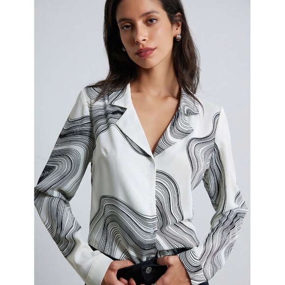 Marble Print Button Down Collared Long Sleeve Dress Shirt Top - Picture 2 of 9